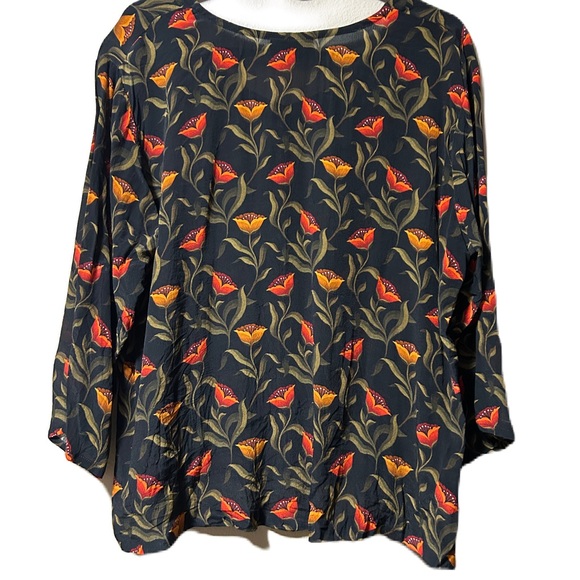 APNY Blouse Womens Large Silk Satin Colorful Floral Poppy 3/4 Sleeve - Picture 2 of 3